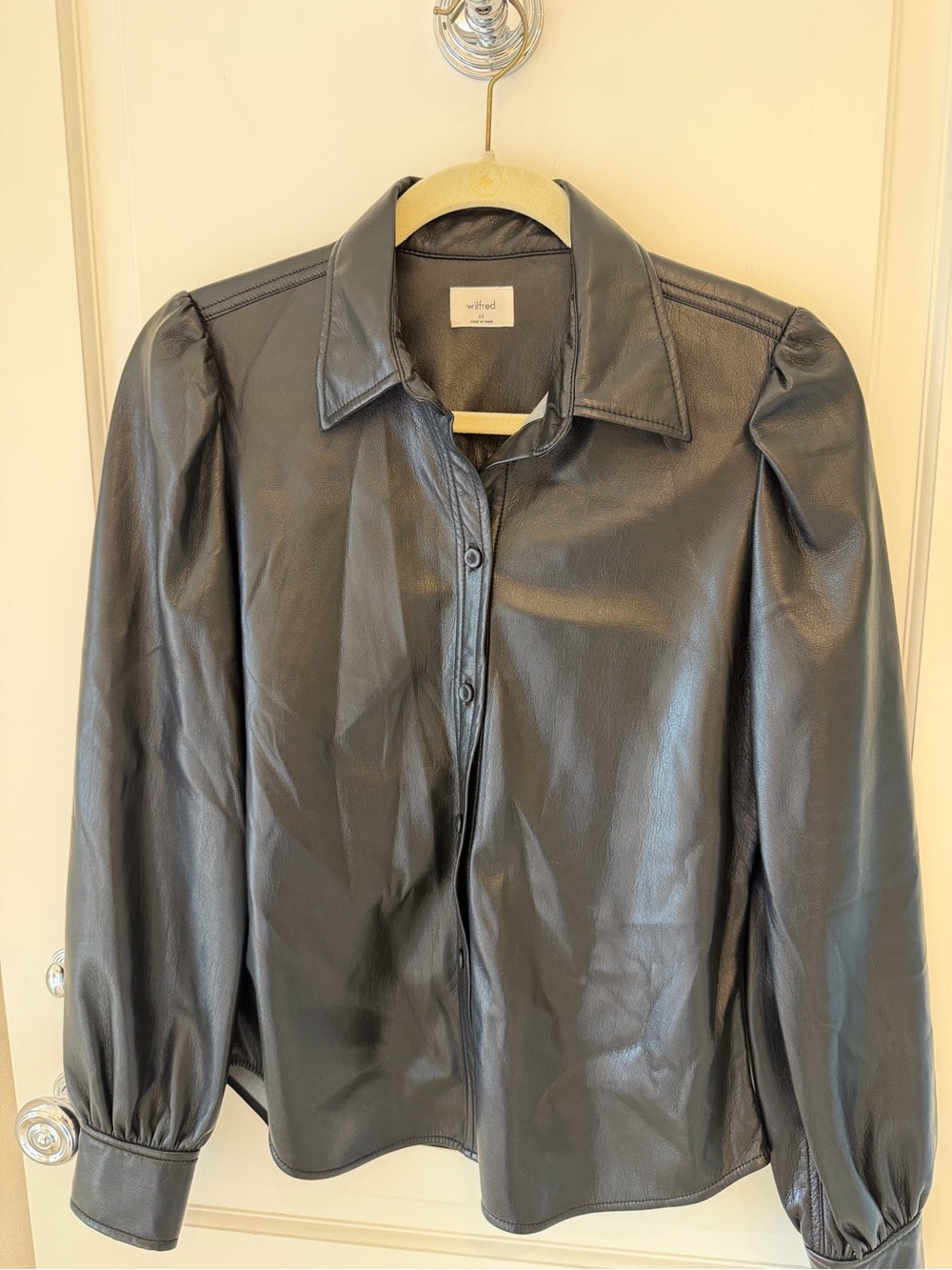 Wilfred Black Faux Leather Puff Shoulder Button-Front Jacket